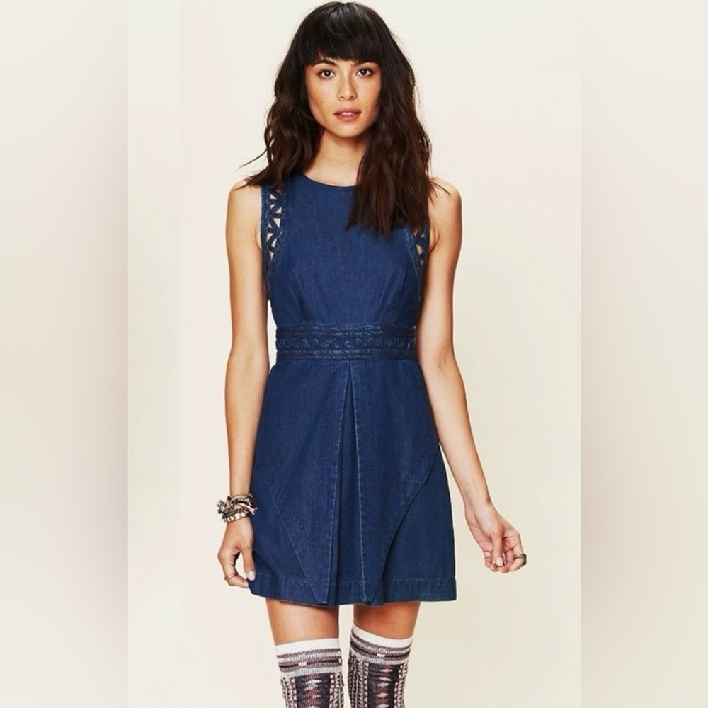 Free People New Romantics Denim Lattice Mini Dress